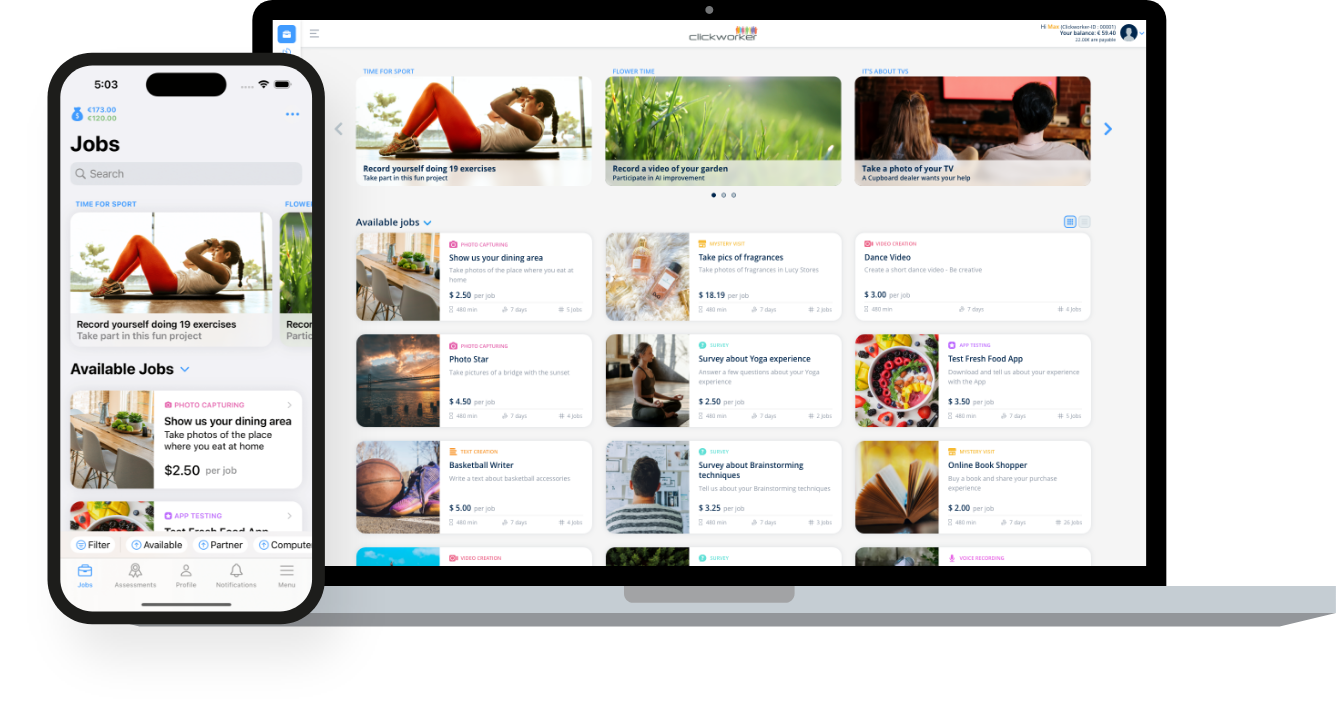 Paparan Clickworker pada peranti telefon dan desktop